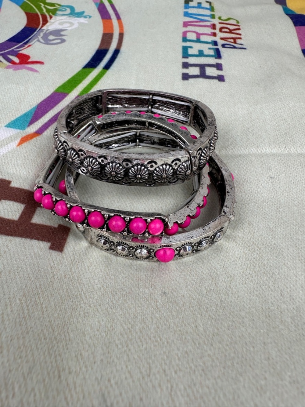 Western Boho Rodeo Silver Hot Pink Stretch Bracelets Stack Set Of 3 Bundle Set